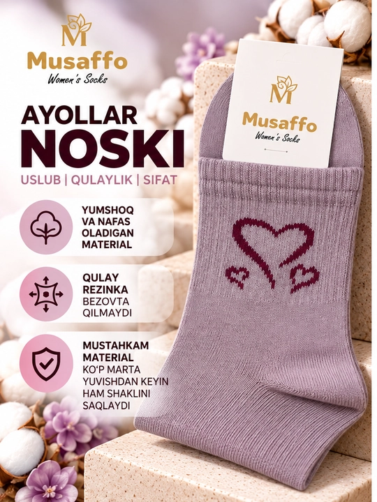 Musaffo ayollar paypoqlari, yurakchali, yumshoq, kundalik kiyish uchun, qulay rezinkali