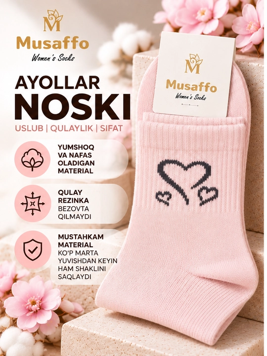 Musaffo ayollar paypoqlari, yurakchali, yumshoq, kundalik kiyish uchun, qulay rezinkali