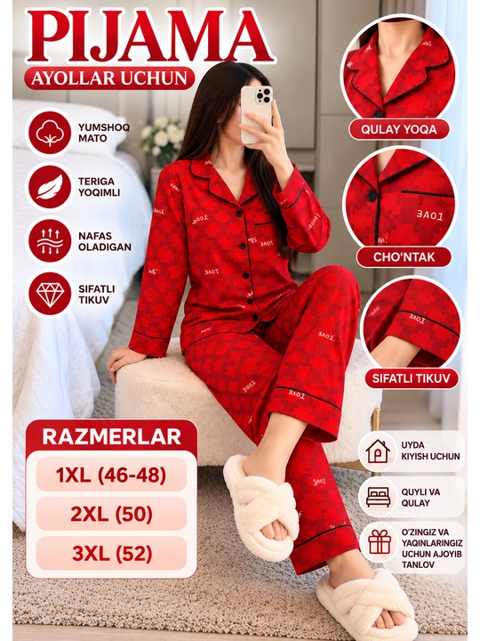 Ayollar pijamasi 1xl-48,2xl-50,3xl-52, tungi kiyim, uy kiyimi, katta razmer ayollar libosi - 