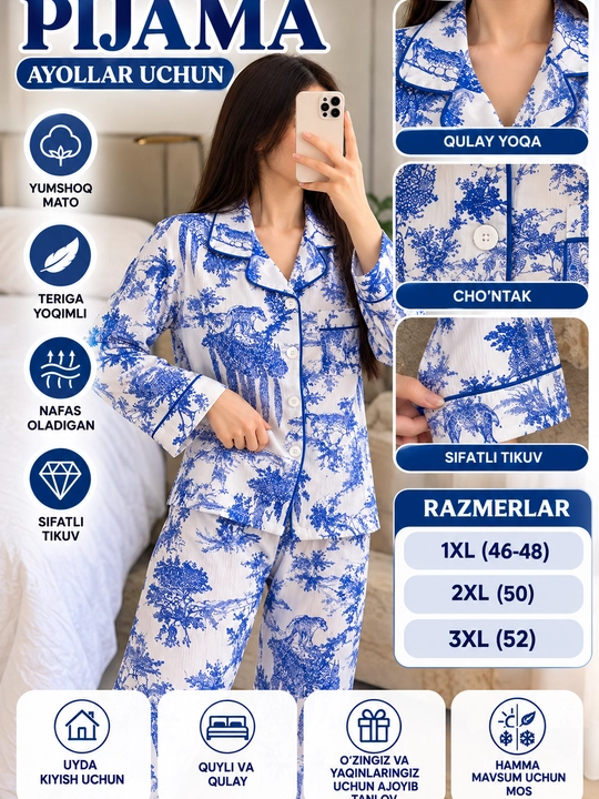 Ayollar pijamasi 1xl-48,2xl-50,3xl-52, tungi kiyim, uy kiyimi, katta razmer ayollar libosi - 