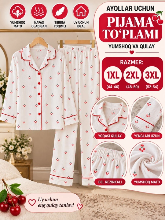 Ayollar pijamasi 1xl-48, 2xl-50, 3xl-52, tungi kiyim, uy kiyimi, katta razmer ayollar libosi