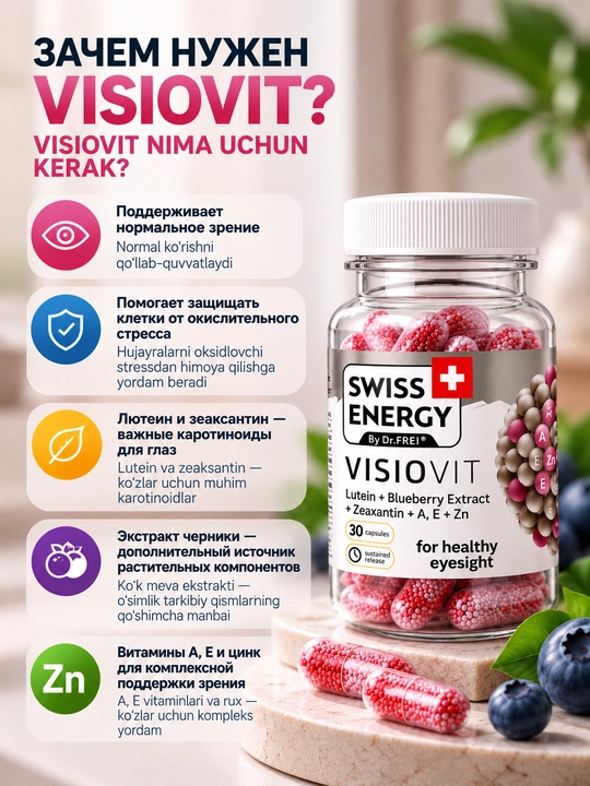 Витамины для глаз с цинком, капсулы 30 шт, Swiss Energy Visiovit
