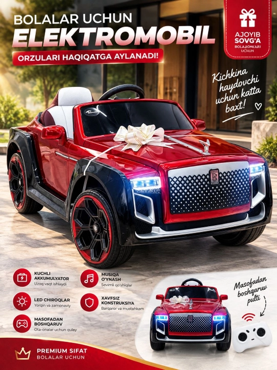 Bolalar elektromobili,masofadan boshqaruv, sovg‘a sifatida akkumulyatorli mashina - 