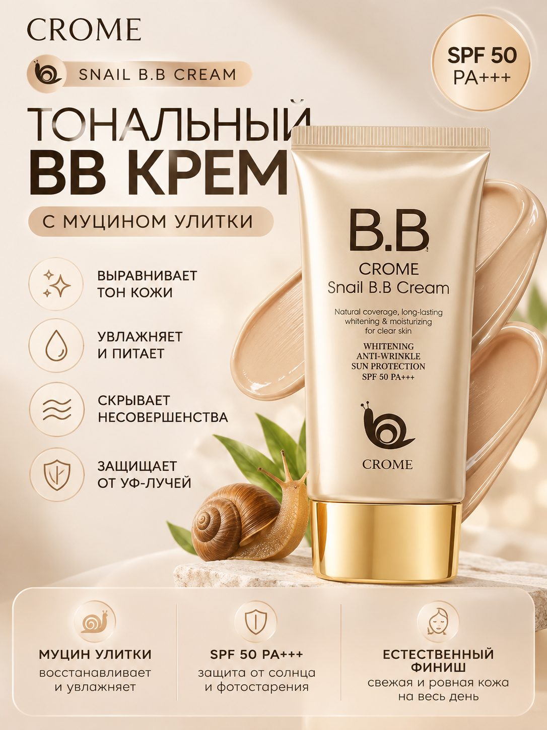Crome Crome salyangozi BB kremi SPF50, salyangozi mukinli, oqartiruvchi tonal krem bilan - 
