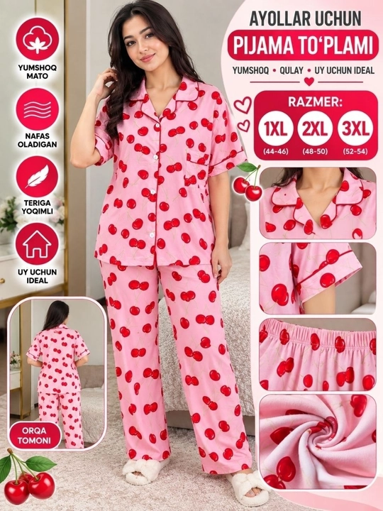 Ayollar pijamasi 1xl-48,2xl-50,3xl-52, tungi kiyim, uy kiyimi, katta razmer ayollar libosi - 