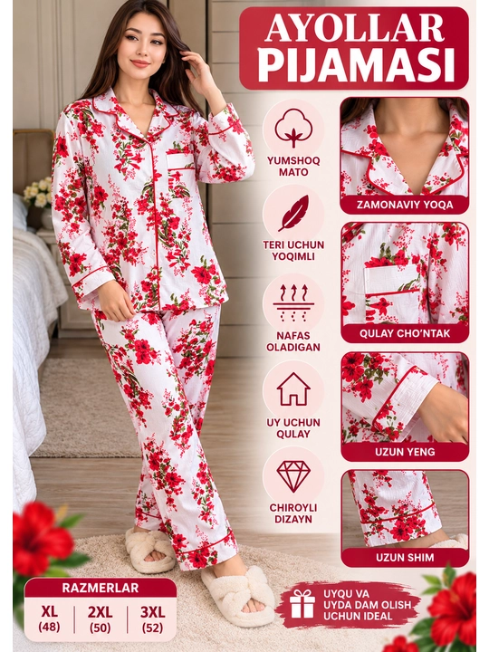 Ayollar pijamasi 1xl-48,2xl-50,3xl-52, tungi kiyim, uy kiyimi, katta razmer ayollar libosi - 