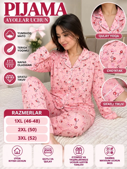 Ayollar pijamasi 1xl-48,2xl-50,3xl-52, tungi kiyim, uy kiyimi, katta razmer ayollar libosi - 