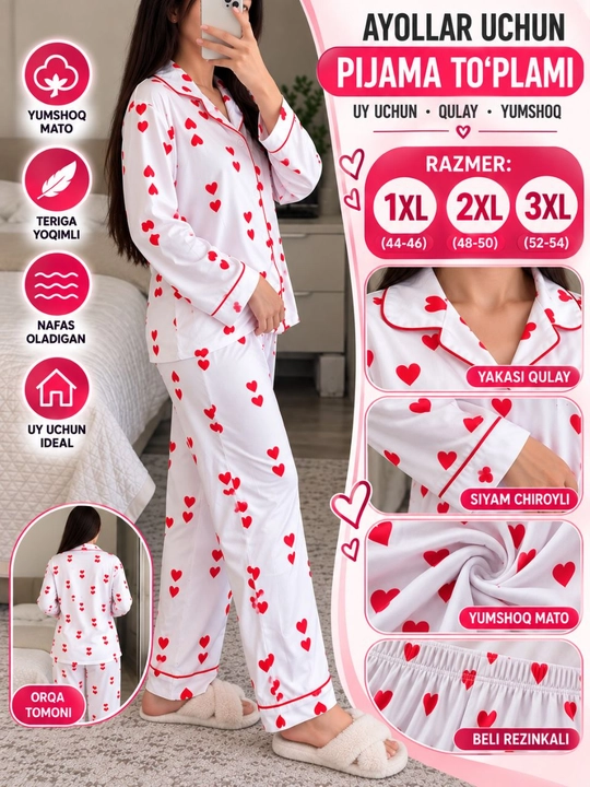 Ayollar pijamasi 1xl-48,2xl-50,3xl-52, tungi kiyim, uy kiyimi, katta razmer ayollar libosi - 