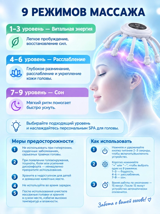 Массажер для головы с цифровым дисплеем — 9 режимов