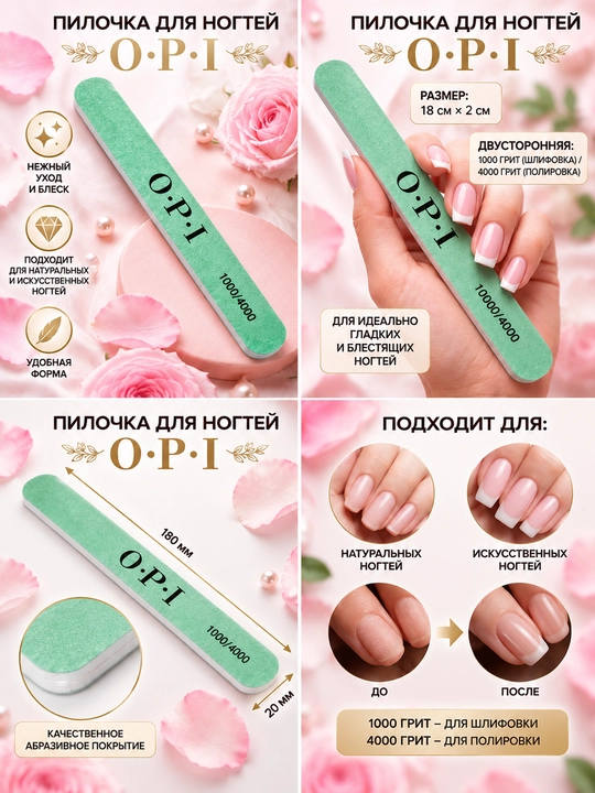 Пилка для ногтей O·P·I Sunshine, двусторонняя, 1000/4000 грит, для маникюра, 18 × 2 см