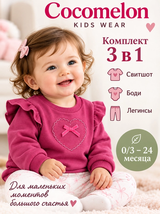 Комплект 3 в 1 для девочки: свитшот, боди и легинсы, размер 0-24 месяца - 