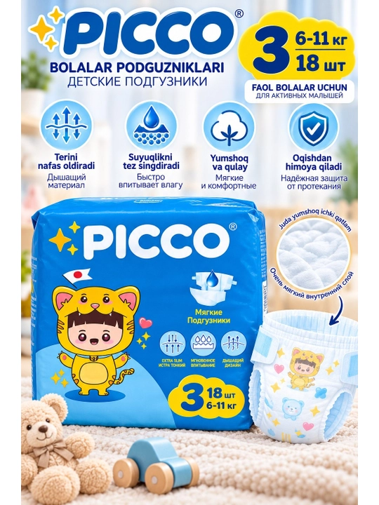 Подгузники Picco для детей — мягкие, удобные, с высокой впитываемостью
