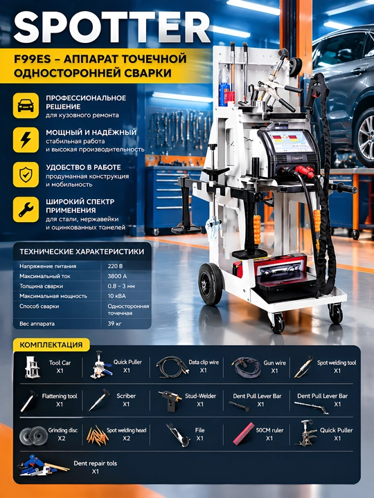 Споттер F99ES аппарат односторонней точечной сварки (3800А, 220В), рихтовочный споттер - 