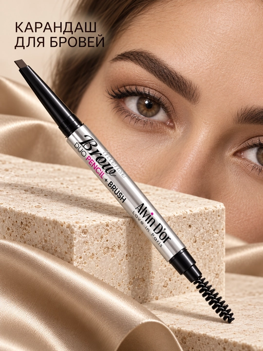 Карандаш для бровей Alvin D’or P-9 Intense Brow Duo, автоматический, со щёточкой