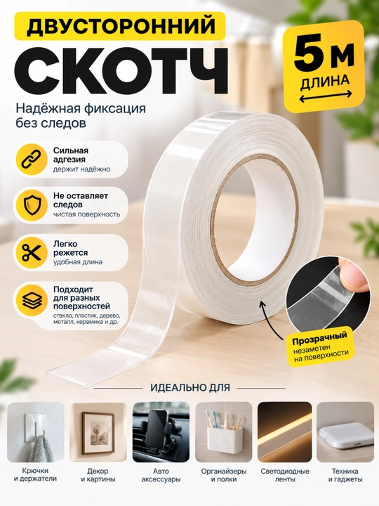 Двухсторонний скотч прозрачный 5 метров / клейкая лента универсальная - 