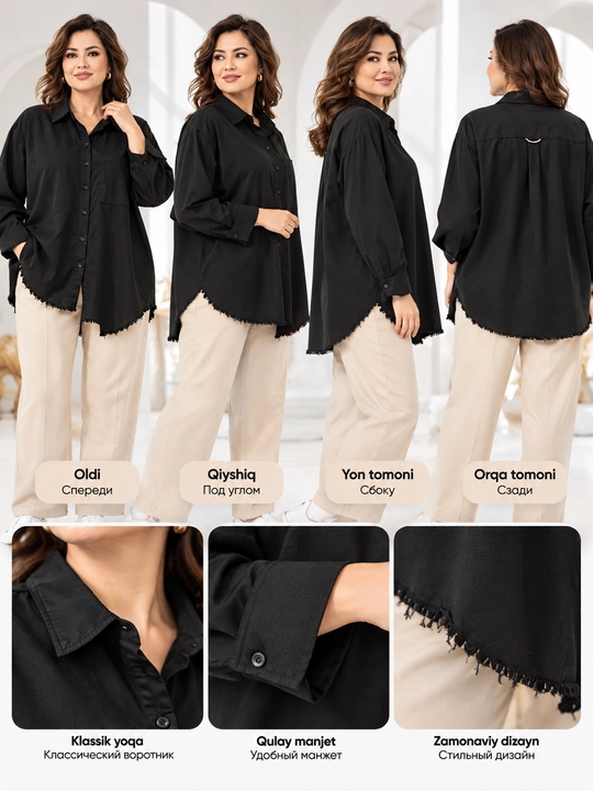 Rubashka ayollar, uzun yengli ayollar ko‘ylagi, katta o‘lchamda, XL-4XL, Turkiya
