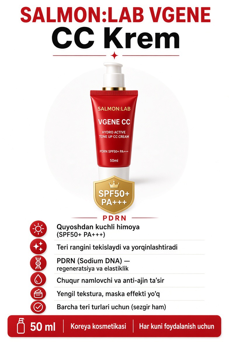 VGENE PDRN CC Cream SPF50+ PA+++ – yuz uchun ton beruvchi quyoshdan himoya kremi - 