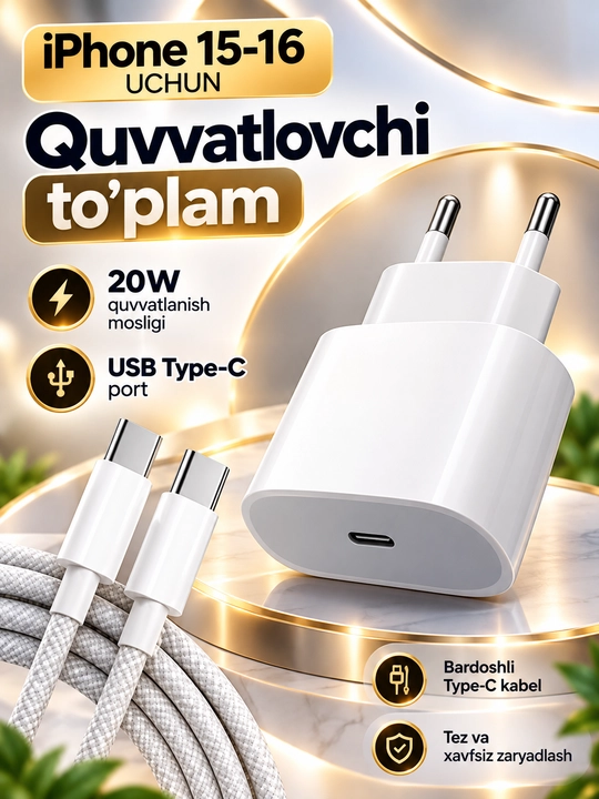 IPone 15va16 uchun 20W quvvatlash to'plami, type-c dan type-c ga 60W kabel,Bonusga Merkan