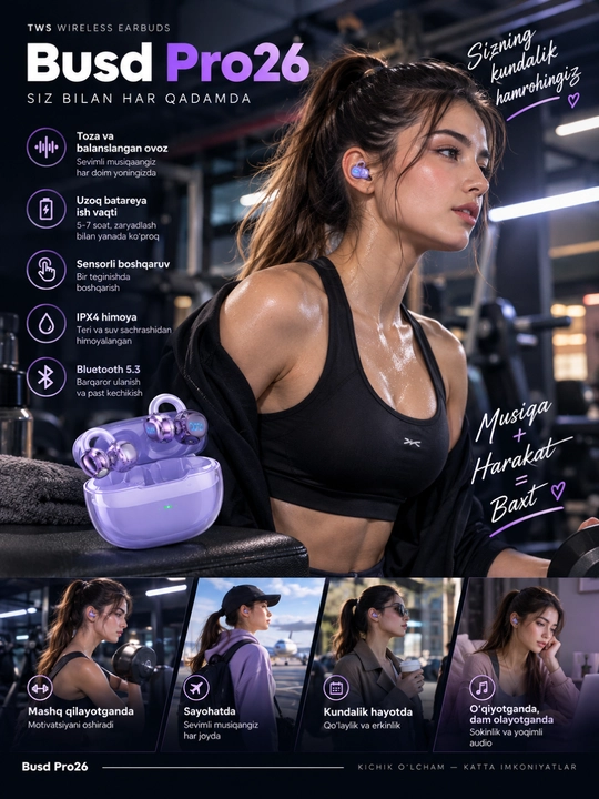Simsiz quloqchin Busd Pro26 — TWS Bluetooth naushnik, sensorli boshqaruv, zaryad qutisi