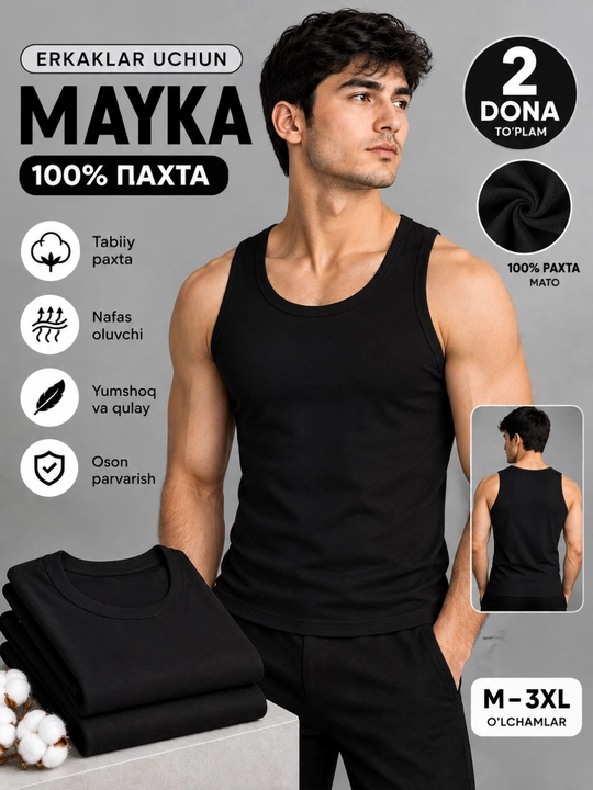 Erkaklar uchun mayka, 100% paxta , 1-navli tabiiy toza mahsulot - 