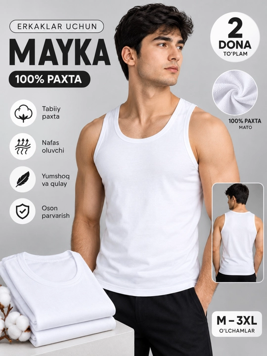 Erkaklar uchun mayka, 100% paxta , 1-navli tabiiy toza mahsulot - 