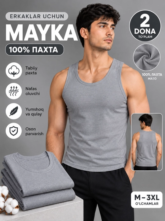 Erkaklar uchun mayka, 100% paxta , 1-navli tabiiy toza mahsulot - 