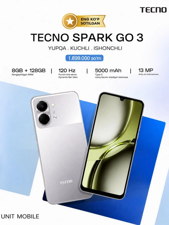 Smartfon TECNO Spark Go 3 4/128 GB, 4 GB RAM, 6.75” 120 Hz ekran, 5000 mAh batareya