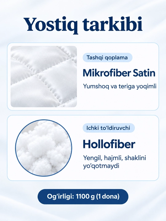 Ortopedik yostiq 2 dona, bo'yin og'rig'iga qarshi, gipoallergen, yumshoq 50x70