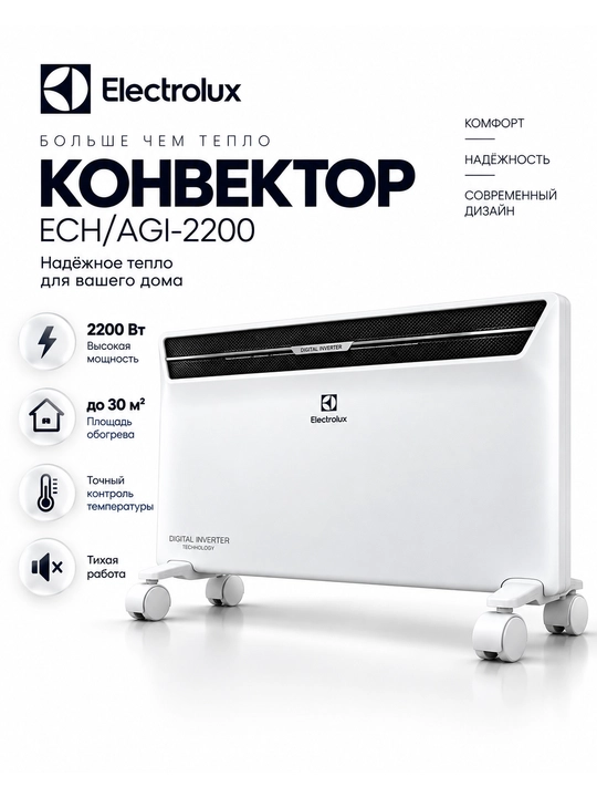 Конвектор Electrolux ECH/AGI-2200 инверторный, 2200 Вт, до 30 м², обогреватель