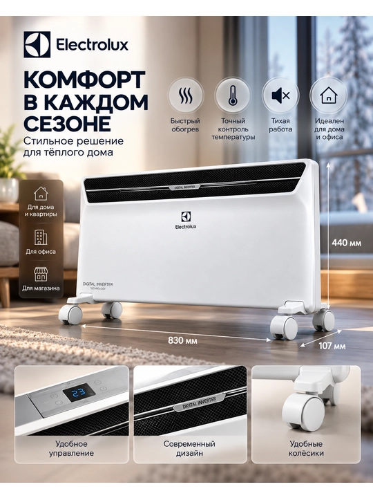 Конвектор Electrolux ECH/AGI-2200 инверторный, 2200 Вт, до 30 м², обогреватель