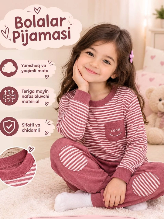 Qizlar pijamasi, uyqu kiyimi, 100% paxta - 