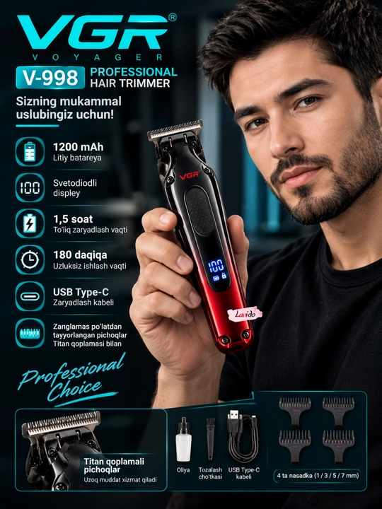 Professional soch va soqol olish mashina VGR V-998, simsiz trimmer, LED displeyli