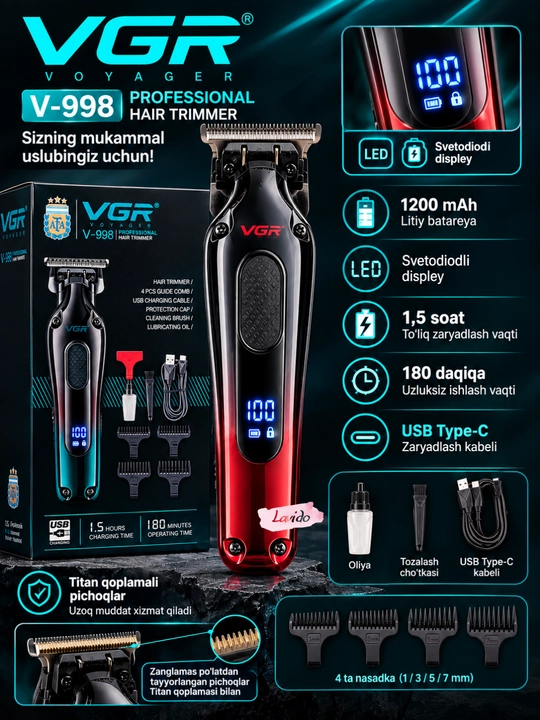 Professional soch va soqol olish mashina VGR V-998, simsiz trimmer, LED displeyli - 