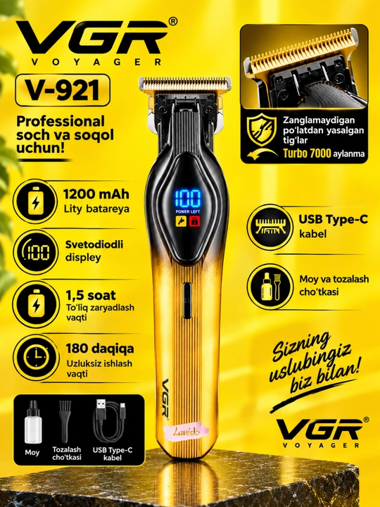Professional soch va soqol olish mashina VGR V-998, simsiz trimmer, LED displeyli - 
