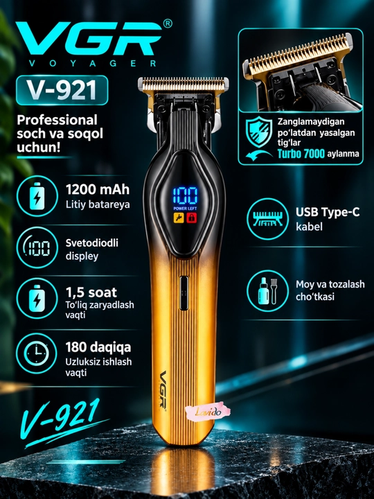 Professional soch va soqol olish mashina VGR V-998, simsiz trimmer, LED displeyli