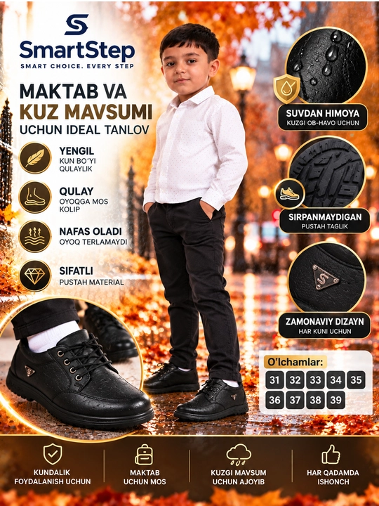 O`g`il bolalar uchun klassik qora maktab poyabzali, qulay kuzgi maktab poyabzali - 