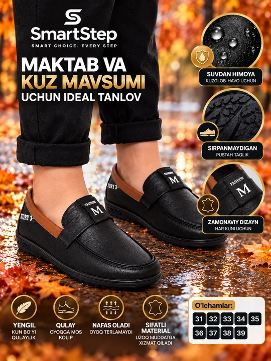 O`g`il bolalar uchun klassik qora maktab poyabzali, qulay kuzgi maktab poyabzali
