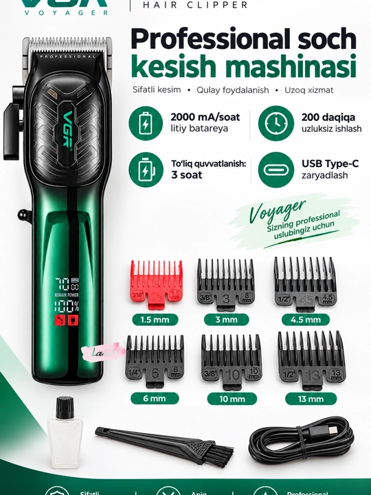 Professional soch olish mashinasi VGR V-133, simsiz, LED displeyli