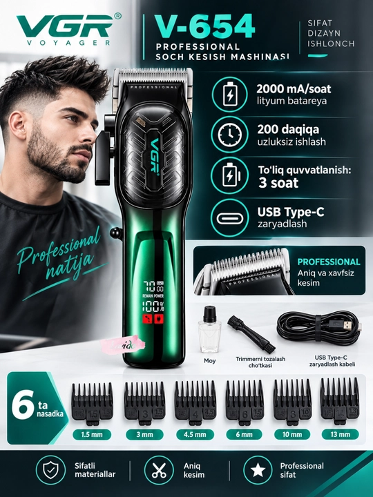 Professional soch olish mashinasi VGR V-133, simsiz, LED displeyli
