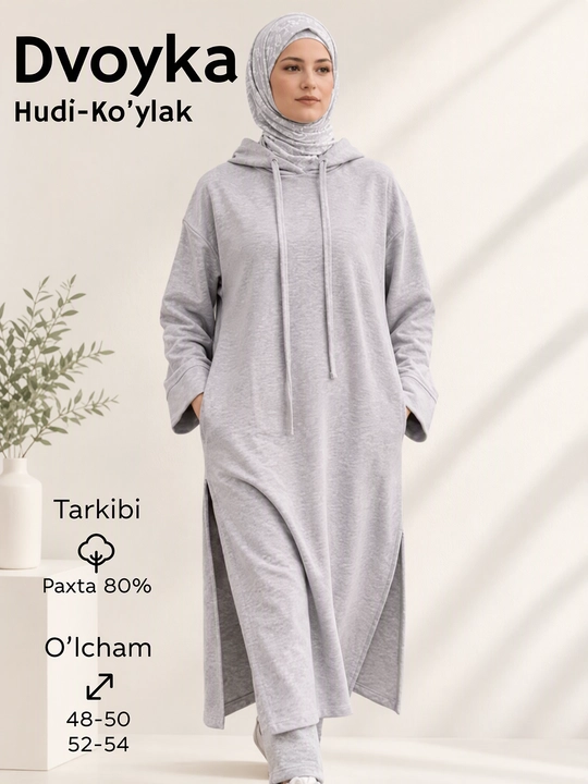 Женский костюм двойка, трикотажный - 80% хлопок, oversize платье с брюками, свободный крой