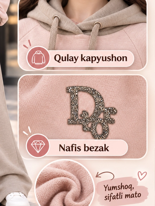 O‘smir qizlar uchun issiq sport kostyumi, kapyushonli kofta va keng shim 10–16 yosh
