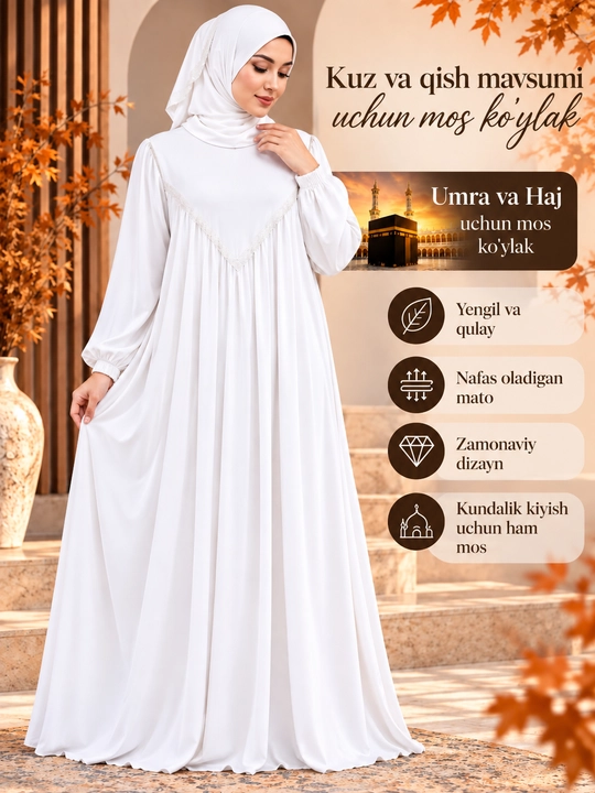 Hijobli ayollar uchun kuzgi va qishki uzun ko‘ylak - Umra va kundalik kiyimlar uchun - 