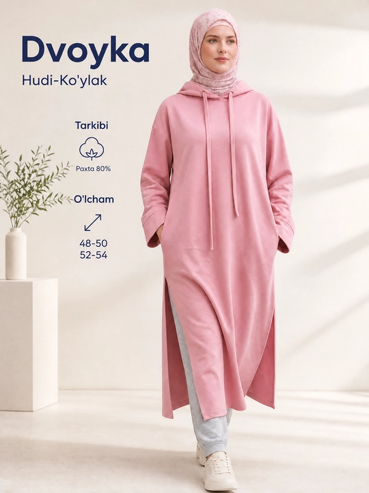 Женский костюм двойка, трикотажный - 80% хлопок, oversize платье с брюками, свободный крой