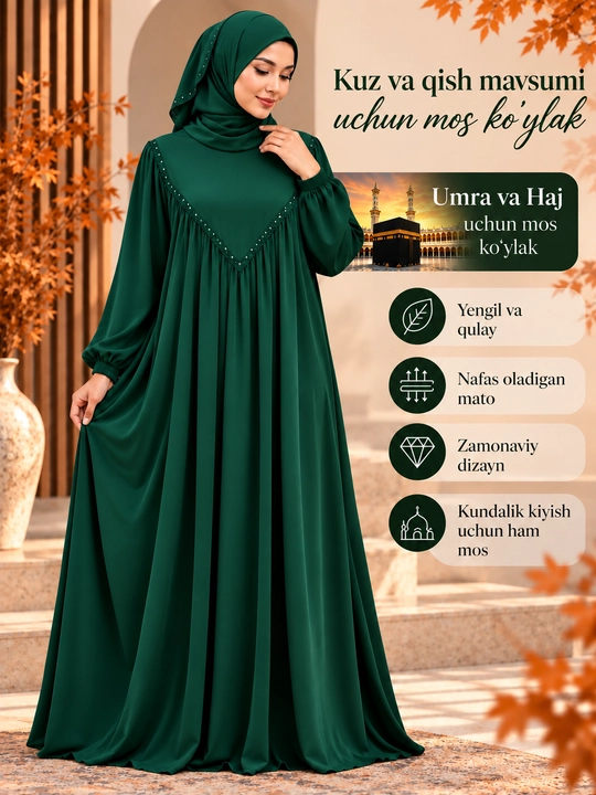 Hijobli ayollar uchun kuzgi va qishki uzun ko‘ylak - Umra va kundalik kiyimlar uchun - 