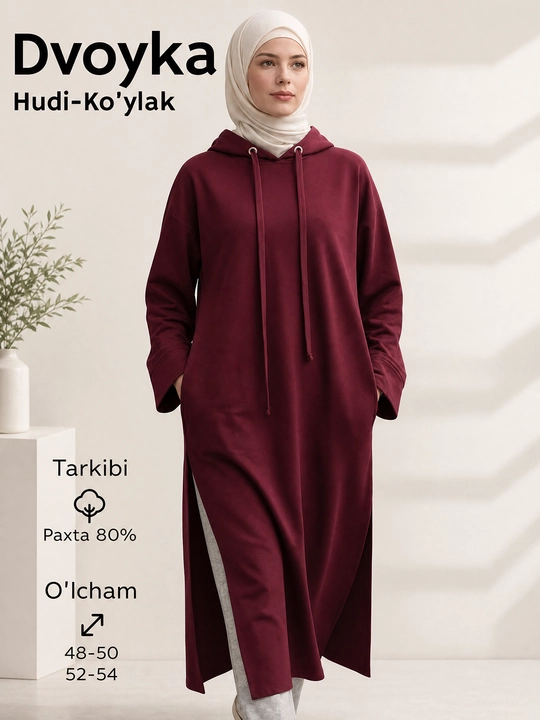 Женский костюм двойка, трикотажный - 80% хлопок, oversize платье с брюками, свободный крой