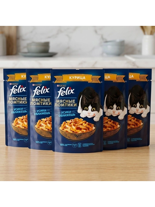 Влажный корм FELIX® Мясные Ломтики для кошек с курицей 75 г х 5 шт - 