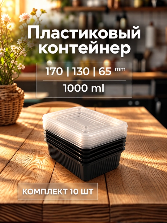 Plastik bir martalik oziq-ovqat idishi, mikrovolnovka uchun, 10 dona, 195*135*55mm, 1000ml