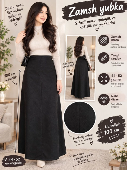 Ayollar uchun uzun qora zamsh va velvet yubka 44–52 razmer, 100 sm
