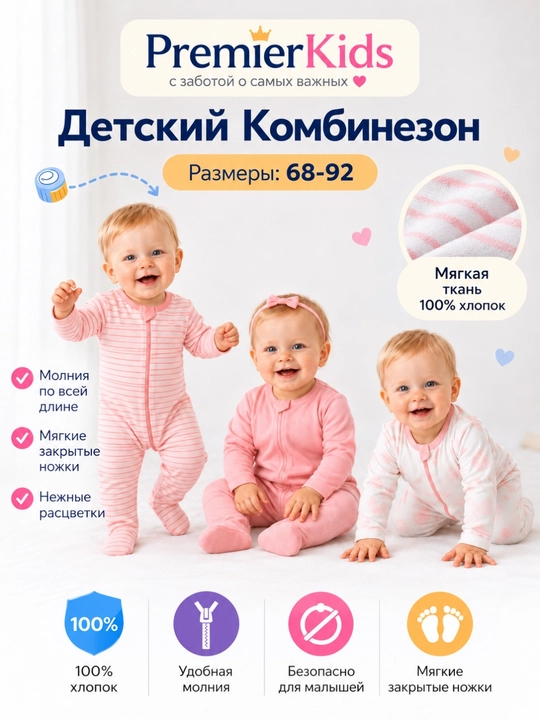 Kombinezon bolalar uchun, 3 dona, 100% paxta - 