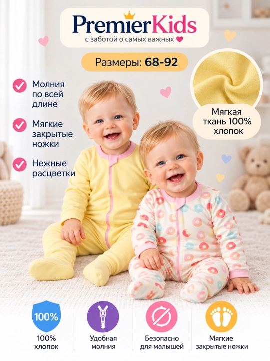 Kombinezon bolalar uchun, 2 dona, 100% paxta - 